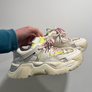 Steve Madden Power Chunky Sneakers.  White & Neon Yellow with Pink Laces